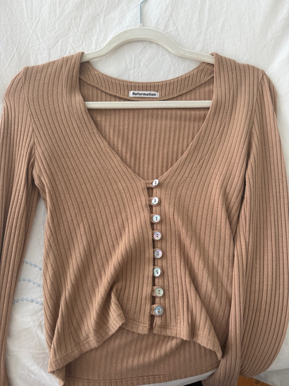 Reformation Ribbed Button-Front V-Neck Top - Tan - Picture 2 of 4
